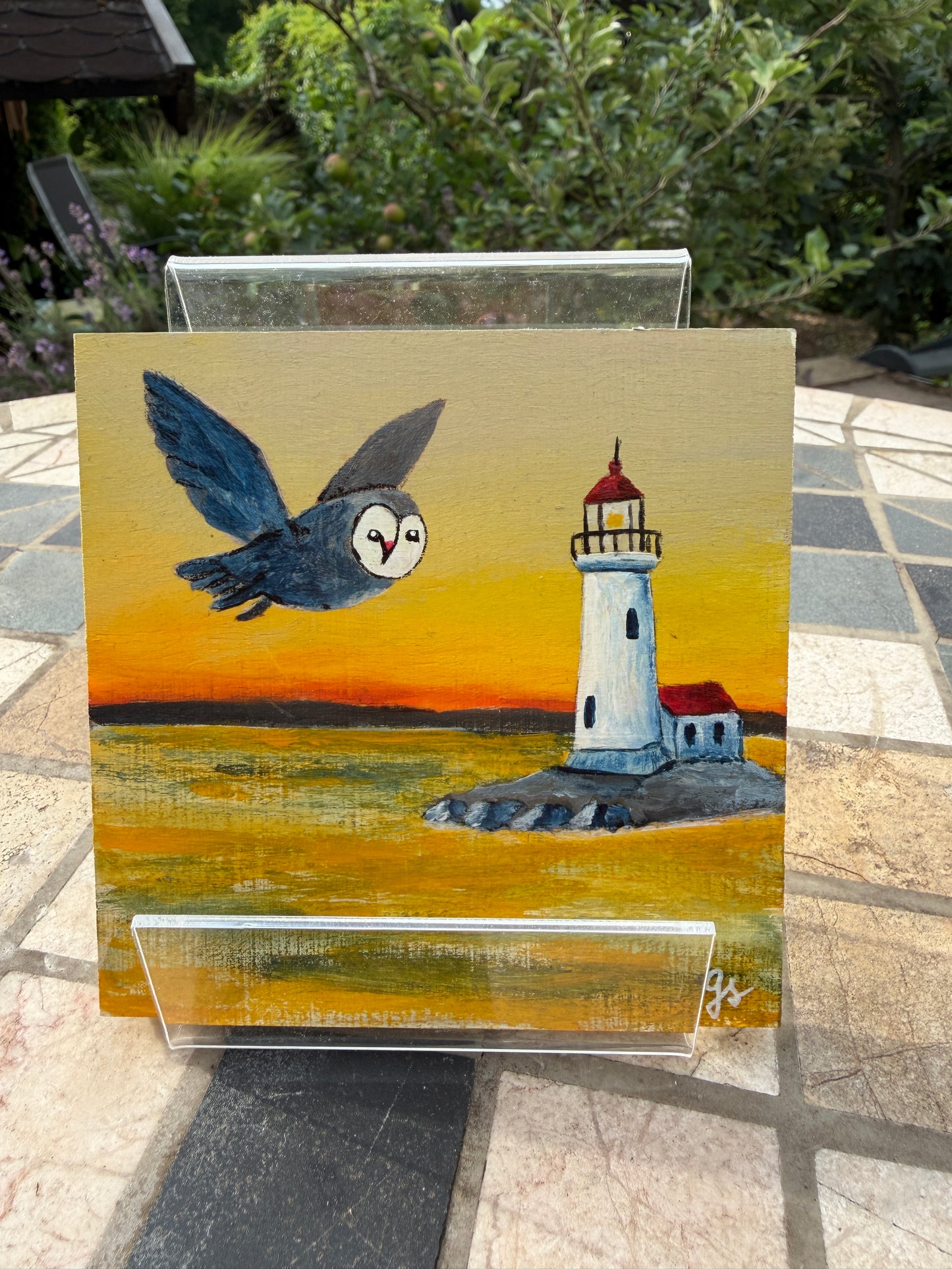Original Acrylbild „Eulenflug am Leuchtturm“ – 10 × 10 cm
