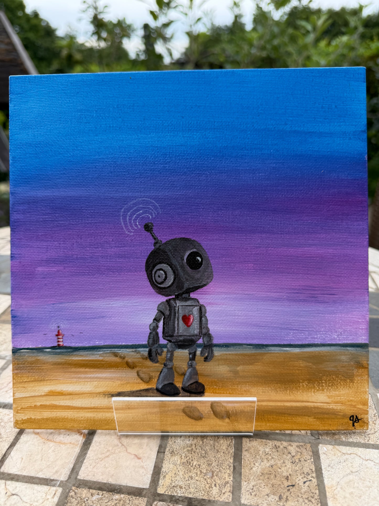 Original Acrylbild „Kleiner Roboter am Meer“ – 20 × 20 cm