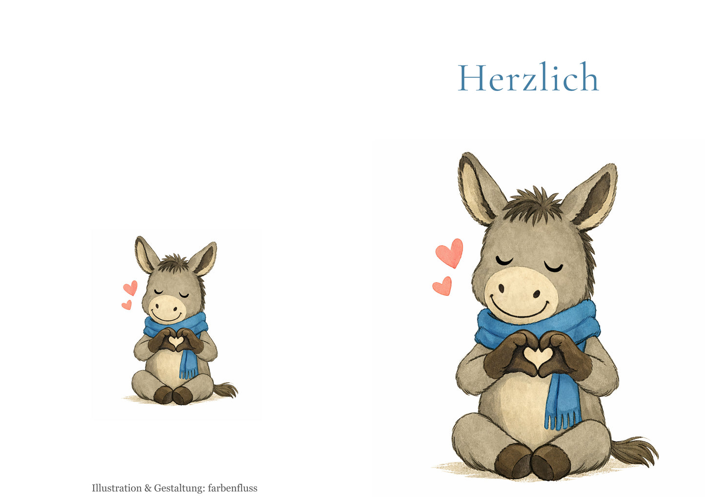Aufgeklappte DIN-A6-Klappkarte mit Esel, Herzmotiv und blauem Schal