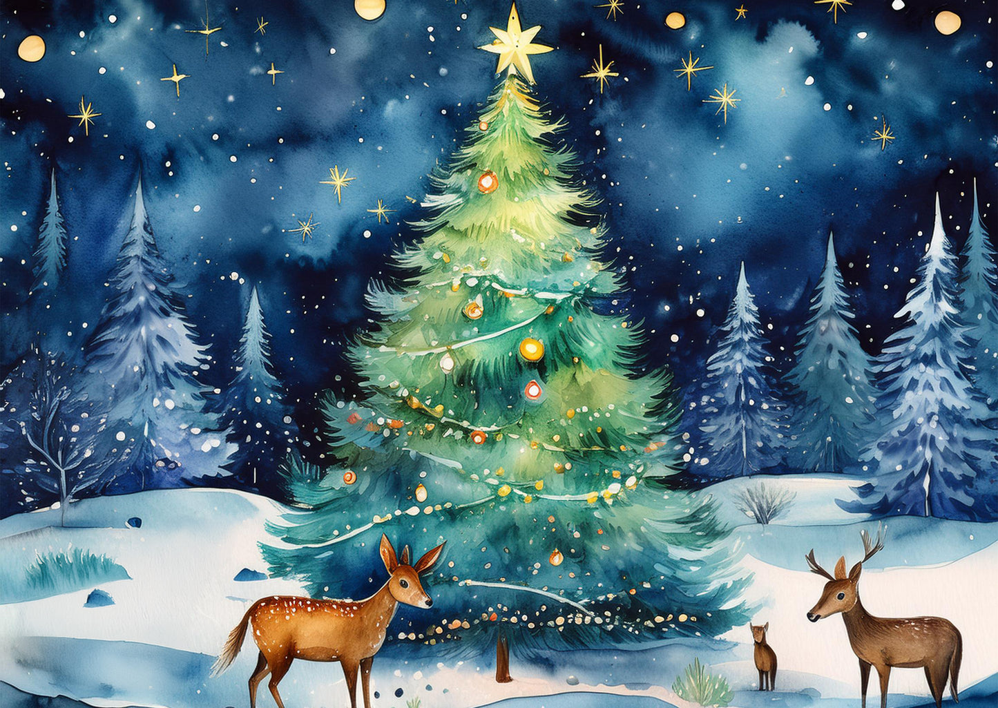 Klappkarten mit Umschlag - Tannenbaum mit Rehen