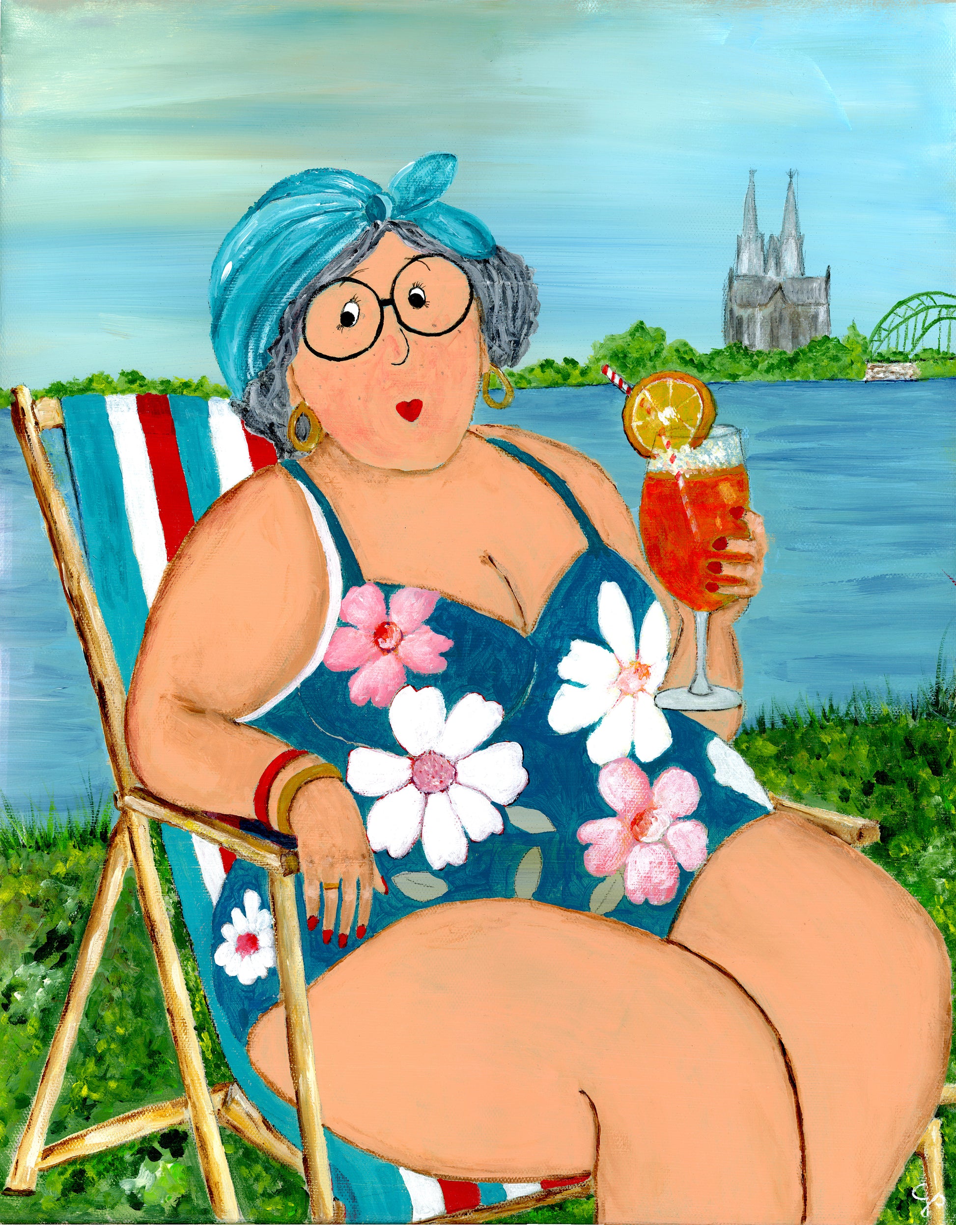 Klappkarte mit Curvy-Dame am Rhein, Kölner Dom und dem Schriftzug Herzliche Grüße aus Köln