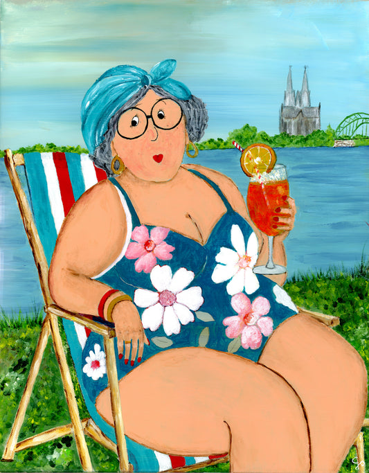 Klappkarte mit Curvy-Dame am Rhein, Kölner Dom und dem Schriftzug Herzliche Grüße aus Köln