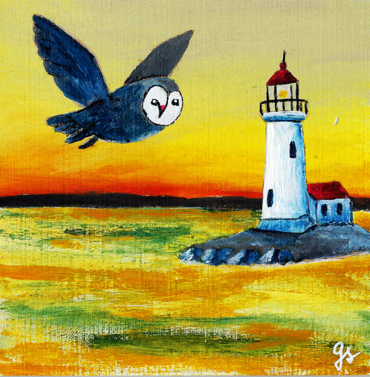 Original Acrylbild „Eulenflug am Leuchtturm“ – 10 × 10 cm