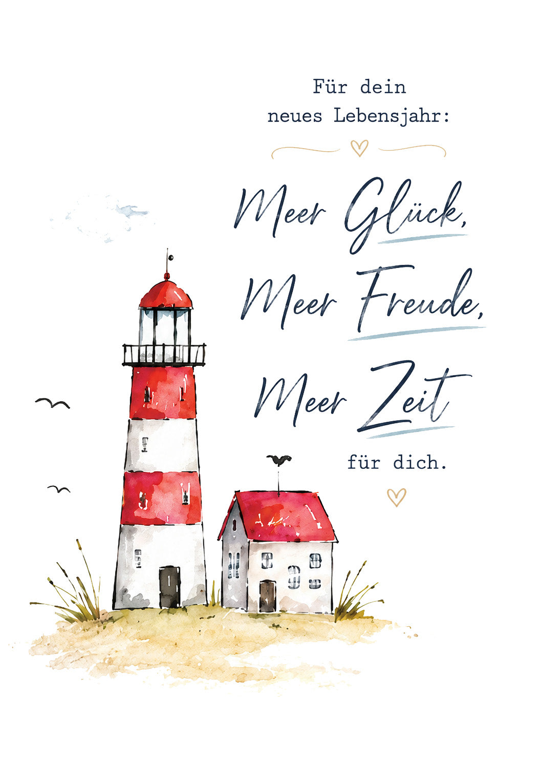 Geburtstagskarte mit Leuchtturm und dem Spruch Meer Glück, Meer Freude, Meer Zeit
