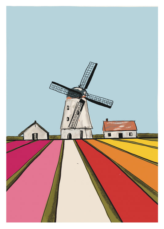 Postkarte „Windmühle & bunte Felder“