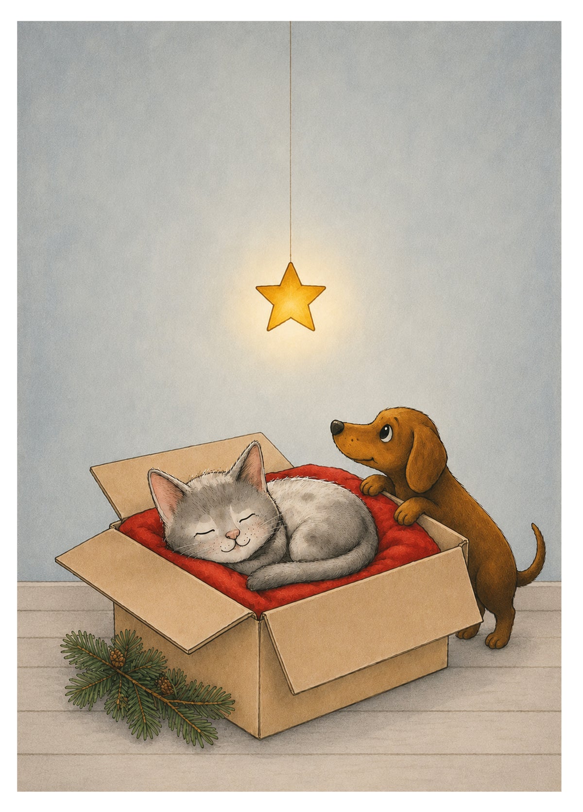 Postkarte „Weihnachtsfreunde“ – Dackel & Katze