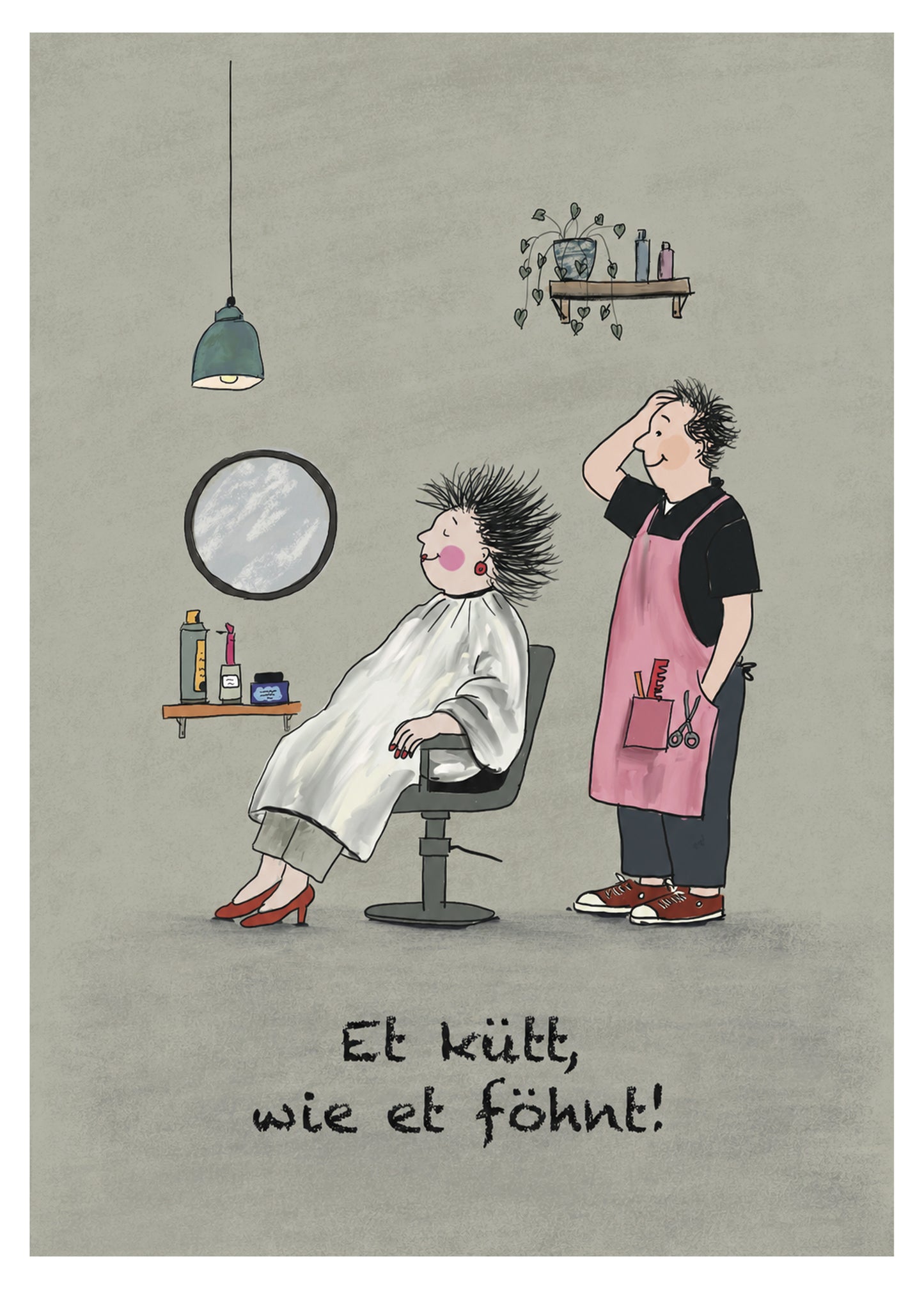 Fine Art Print „Et kütt, wie et föhnt!“ – Kölsche Friseurszene