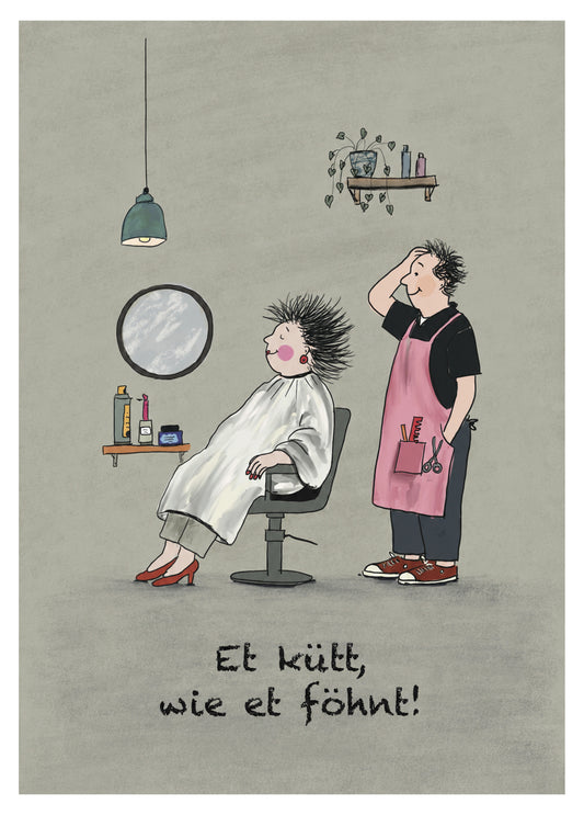 Fine Art Print „Et kütt, wie et föhnt!“ – Kölsche Friseurszene