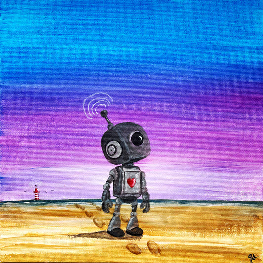 Original Acrylbild „Kleiner Roboter am Meer“ – 20 × 20 cm