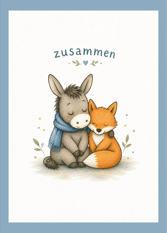 Postkarte „Zusammen“ – Fuchs & Esel